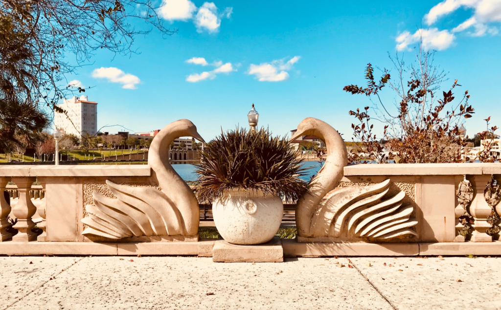 2 stone swans and a flower planter with a blue sky and Lake Mirror in Lakeland, Fl in the background